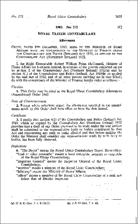 The Royal Ulster Constabulary Allowances (Amendment) Order (Northern Ireland) 1965