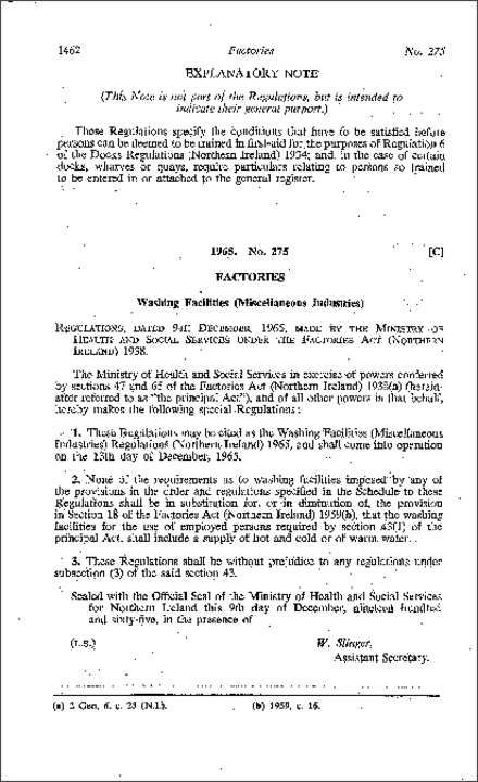 The Washing Facilities (Miscellaneous Industries) Regulations (Northern Ireland) 1965