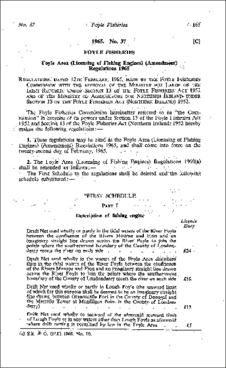 The Foyle Area (Licensing of Fishing Engines) (Amendment) Regulations (Northern Ireland) 1965