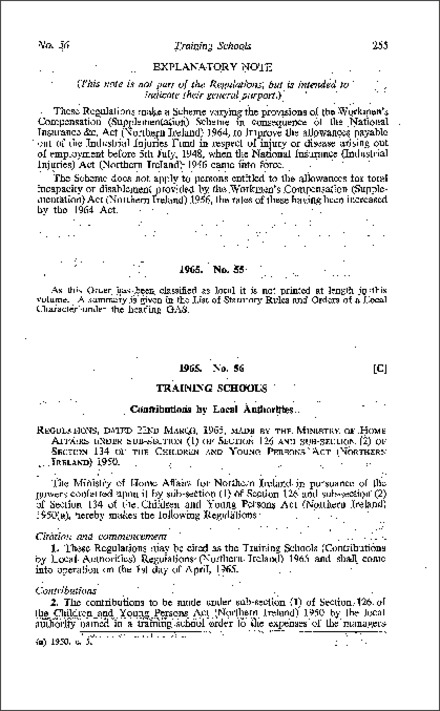 The Training Schools (Contributions by Local Authorities) Regulations (Northern Ireland) 1965