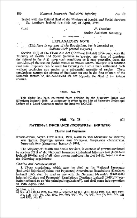 The National Insurance (Industrial Injuries) (Claims and Payments) Amendment Regulations (Northern Ireland) 1965