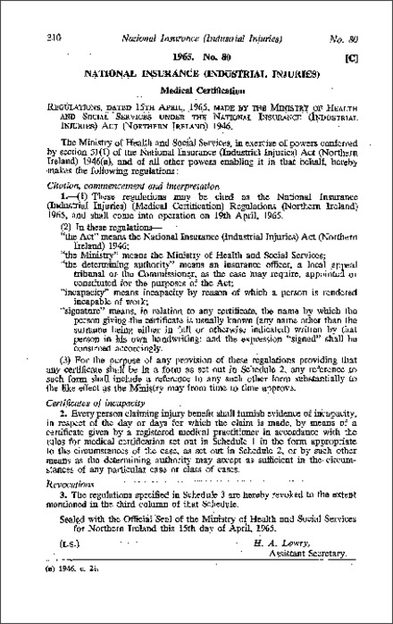 The National Insurance (Industrial Injuries) (Medical Certification) Regulations (Northern Ireland) 1965