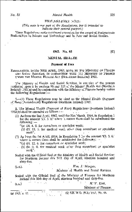 The Mental Health (Payment of Fees) (Amendment) Regulations (Northern Ireland) 1965
