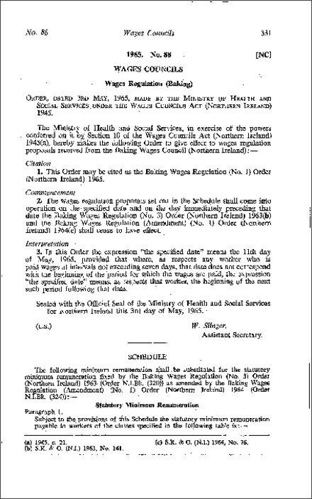 The Baking Wages Regulations (No. 1) Order (Northern Ireland) 1965