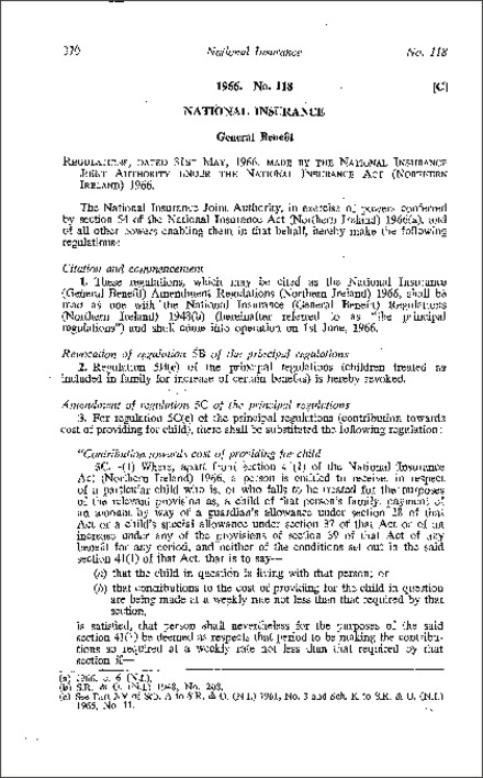 The National Insurance (General Benefit) (Amendment) Regulations (Northern Ireland) 1966