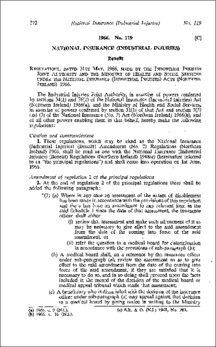 The National Insurance (Industrial Injuries) (Benefit) Amendment (No. 2) Regulations (Northern Ireland) 1966