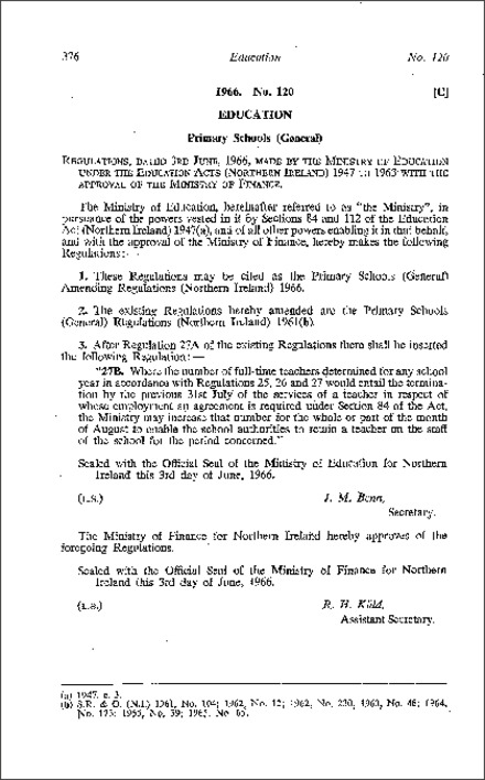 The Primary Schools (General) Amendment Regulations (Northern Ireland) 1966