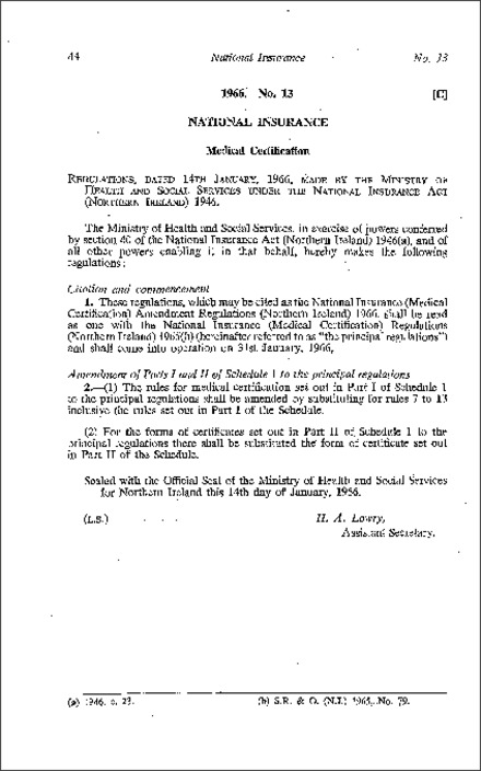 The National Insurance (Medical Certification) Amendment Regulations (Northern Ireland) 1966