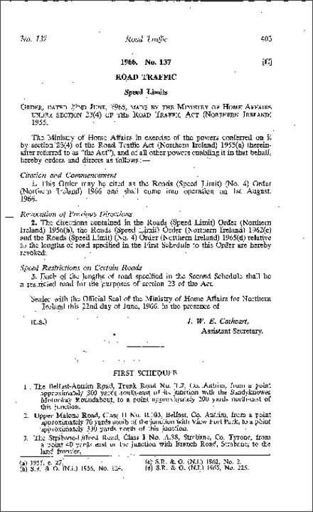 The Roads (Speed Limit) (No. 4) Order (Northern Ireland) 1966