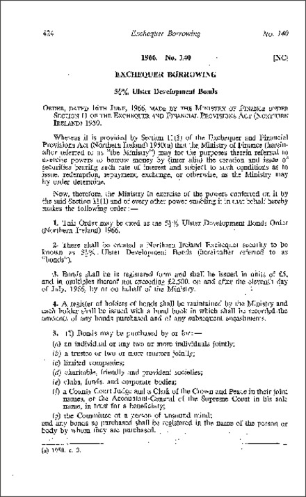 The 5% Ulster Development Bonds Order (Northern Ireland) 1966