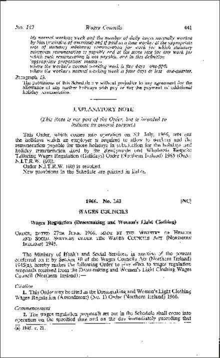 The Dressmaking and Women's Light Clothing Wages Regulations (Amendment) (No. 1) Order (Northern Ireland) 1966