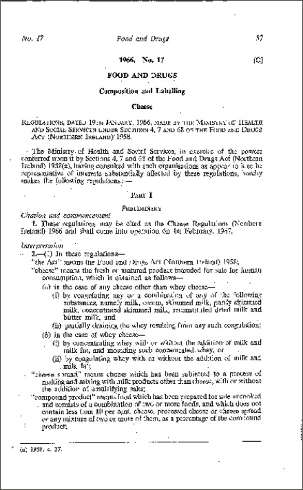 The Cheese Regulations (Northern Ireland) 1966