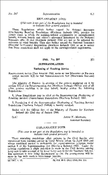 The Superannuation (Reckoning of Teaching Service) (Amendment) Regulations (Northern Ireland) 1966