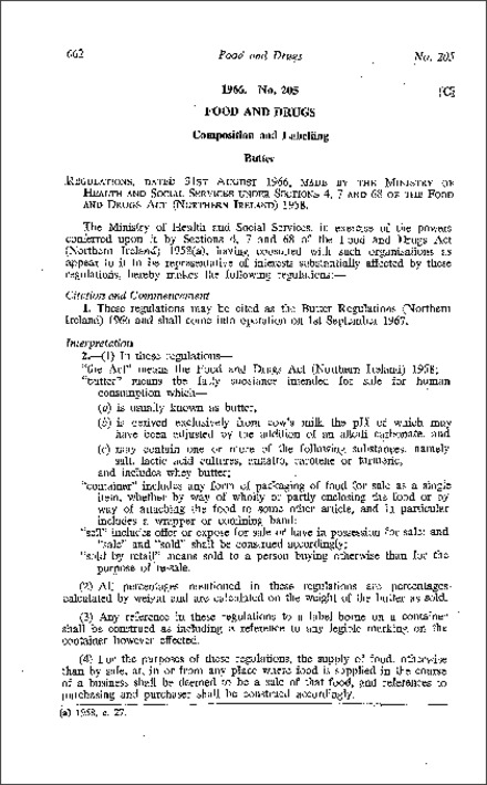 The Butter Regulations (Northern Ireland) 1966