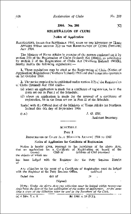 The Registration of Clubs (Notice of Application) Regulations (Northern Ireland) 1966