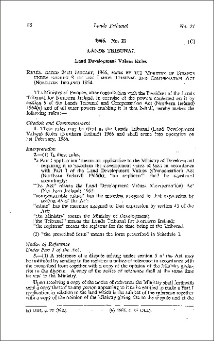 The Lands Tribunal (Land Development Values) Rules (Northern Ireland) 1966