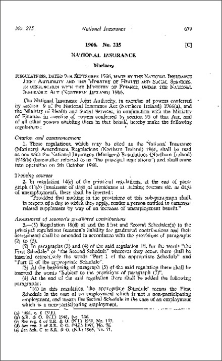 The National Insurance (Mariners) Amendment Regulations (Northern Ireland) 1966
