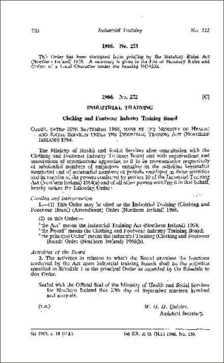 The Industrial Training (Clothing and Footwear Board) (Amendment) Order (Northern Ireland) 1966