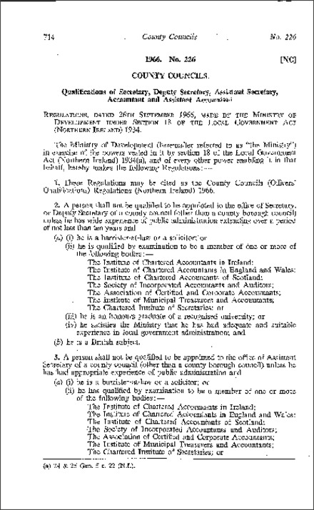 The County Councils (Officers' Qualifications) Regulations (Northern Ireland) 1966