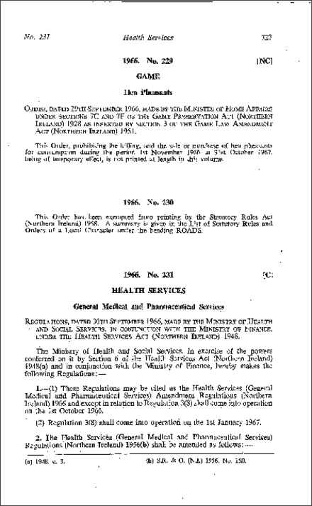 The Health Services (General Medical and Pharmaceutical Services) Amendment Regulations (Northern Ireland) 1966