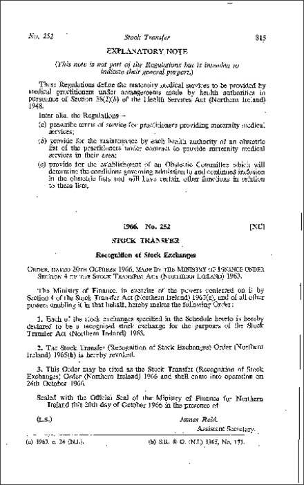 The Stock Transfer (Recognition of Stock Exchanges) Order (Northern Ireland) 1966