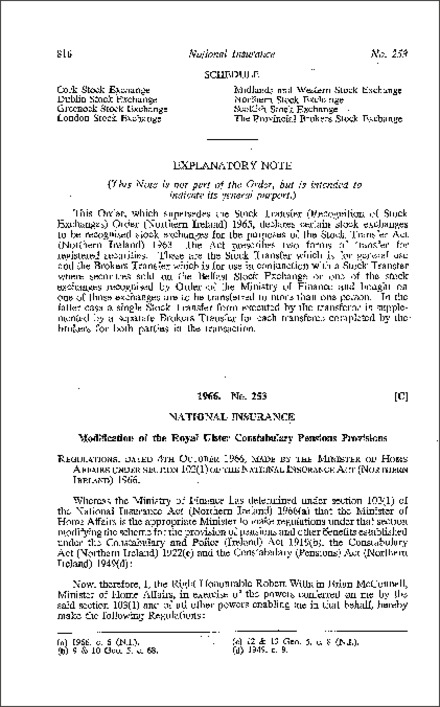 The National Insurance (Modification of the Royal Ulster Constabulary Pensions Provisions) (Amendment) Regulations (Northern Ireland) 1966