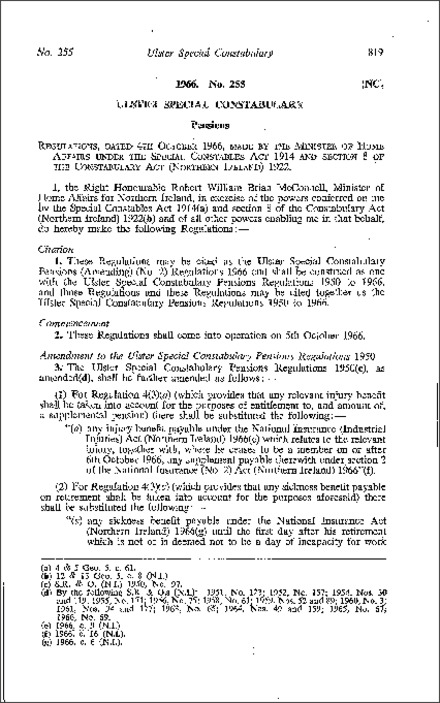 The Ulster Special Constabulary Pensions (Amendment) (No. 2) Regulations (Northern Ireland) 1966