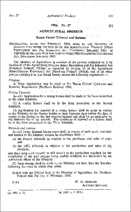 The Bacon Curers' (Licences and Returns) Regulations (Northern Ireland) 1966