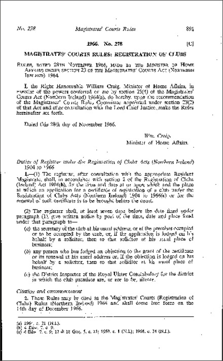 The Magistrates' Courts (Registration of Clubs) Rules (Northern Ireland) 1966