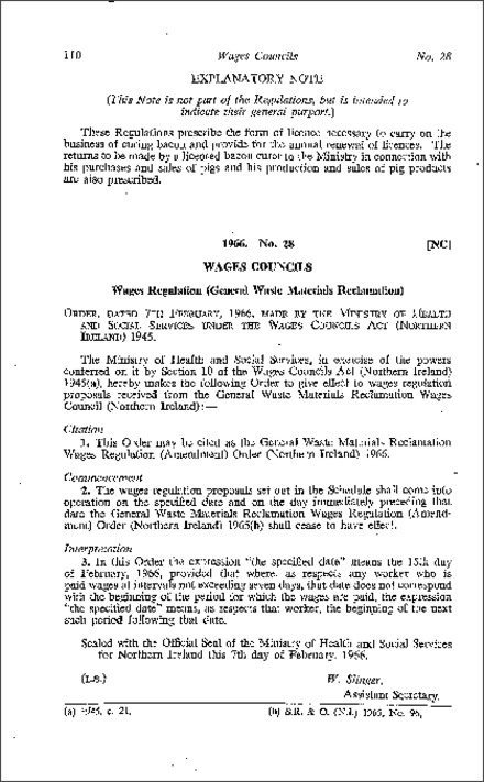 The General Waste Materials Reclamation Wages Regulations (Amendment) Order (Northern Ireland) 1966
