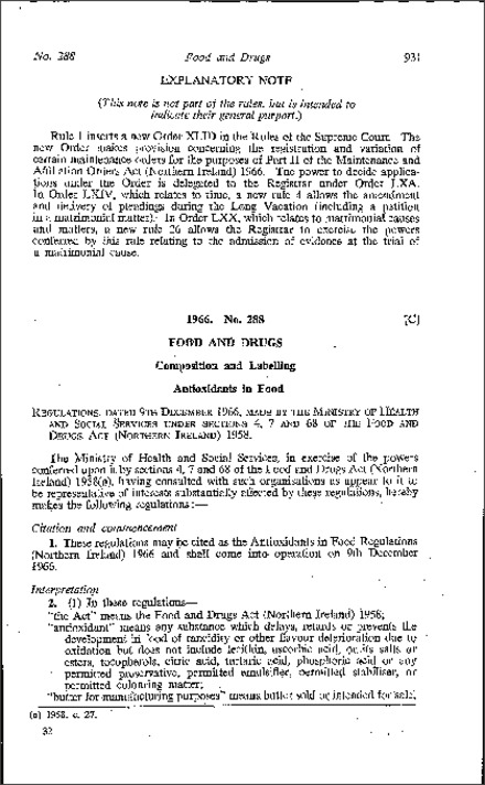 The Antioxidants in Food Regulations (Northern Ireland) 1966