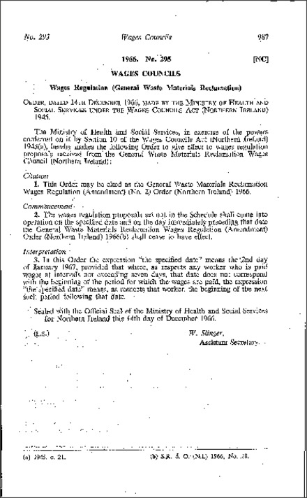 The General Waste Materials Reclamation Wages Regulations (Amendment) (No. 2) Order (Northern Ireland) 1966