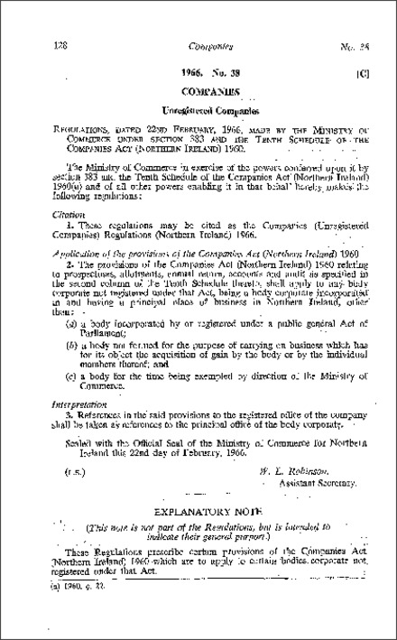 The Companies (Unregistered Companies) Regulations (Northern Ireland) 1966