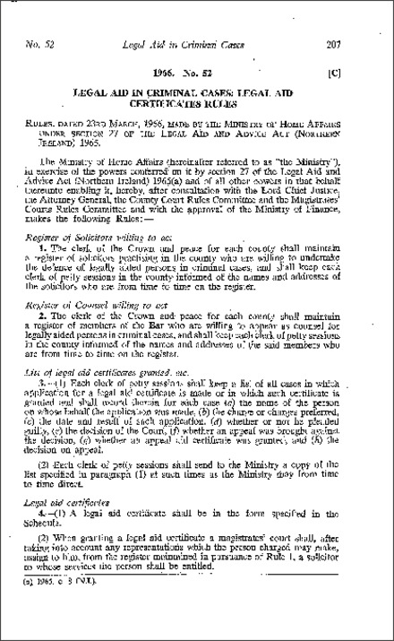 The Legal Aid Certificates Rules (Northern Ireland) 1966