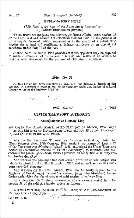 The Transport Act (Abandonment of Railway Line) Order (Northern Ireland) 1966