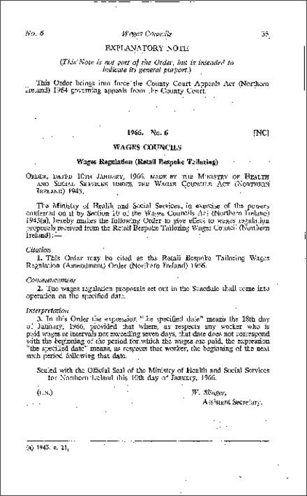 The Retail Bespoke Tailoring Wages Regulations (Amendment) Order (Northern Ireland) 1966