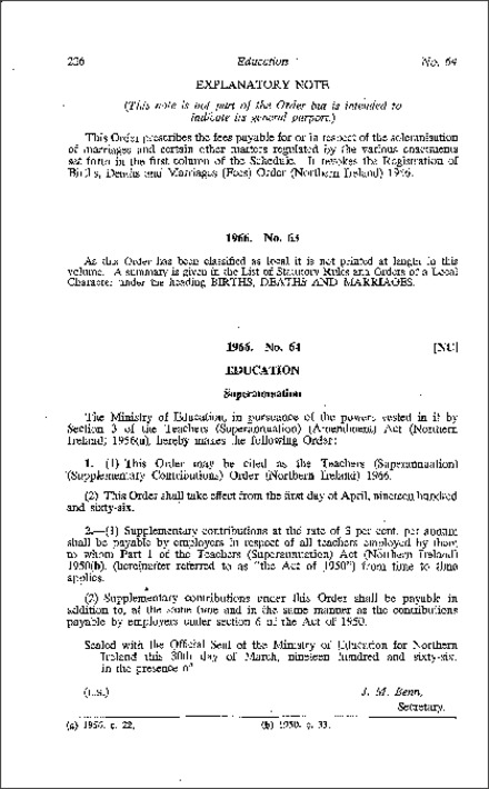 The Teachers (Superannuation) (Supplementary Contributions) Order (Northern Ireland) 1966