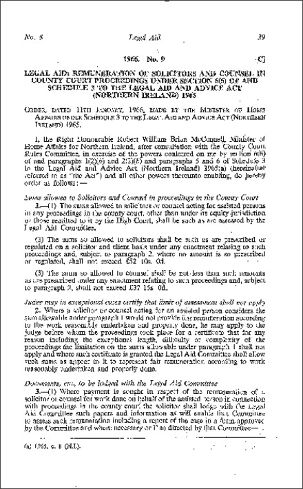 The Legal Aid (Remuneration of Solicitors and Counsel in County Court Proceedings) Order (Northern Ireland) 1966