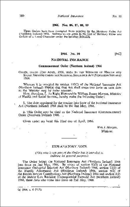 The National Insurance (Commencement) Order (Northern Ireland) 1966