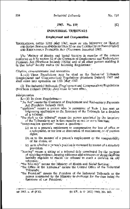 The Industrial Tribunals (Employment and Compensation) Regulations (Northern Ireland) 1967