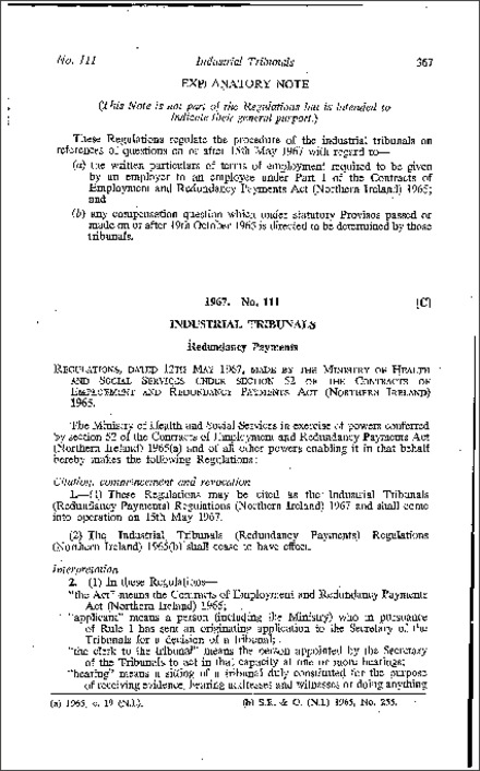 The Industrial Tribunals (Redundancy Payments) Regulations (Northern Ireland) 1967