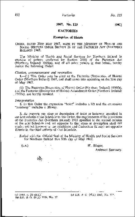 The Factories (Exemption of Hoists) Order (Northern Ireland) 1967