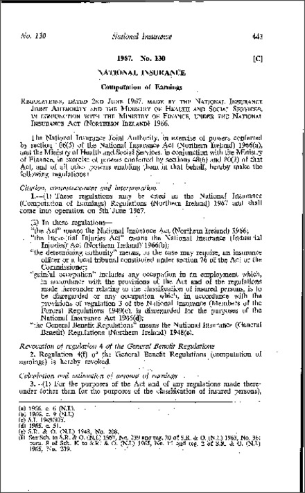 The National Insurance (Computation of Earnings) Regulations (Northern Ireland) 1967