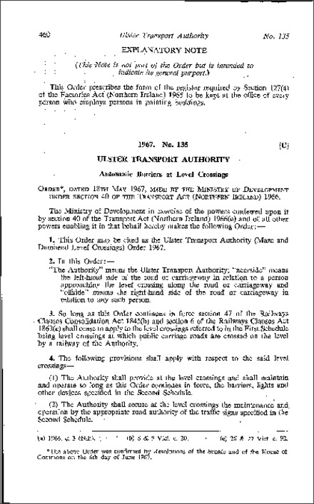 The Ulster Transport Authority (Maze and Damhead Level Crossings) Order (Northern Ireland) 1967
