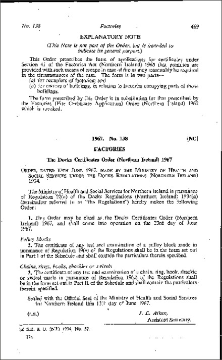 The Docks Certificates Order (Northern Ireland) 1967