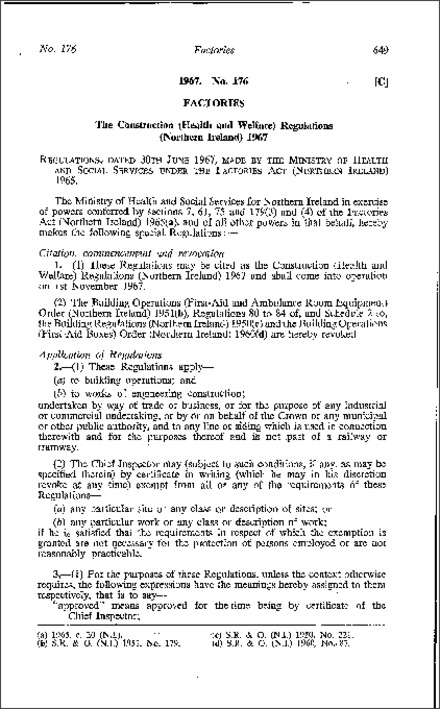 The Construction (Health and Welfare) Regulations (Northern Ireland) 1967