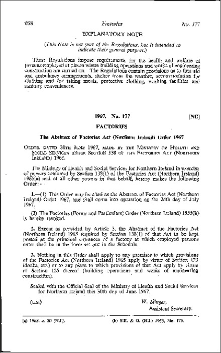 The Abstract of Factories Act Order (Northern Ireland) 1967
