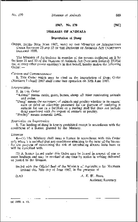 The Importation of Dung Order (Northern Ireland) 1967