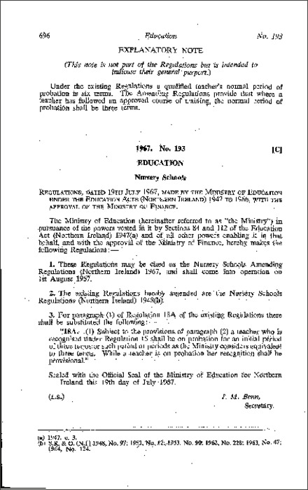 The Nursery Schools Amendment Regulations (Northern Ireland) 1967