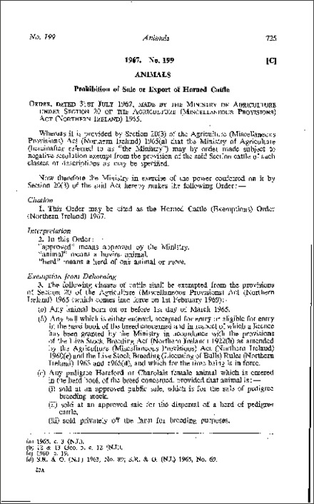 The Horned Cattle (Exemptions) Order (Northern Ireland) 1967